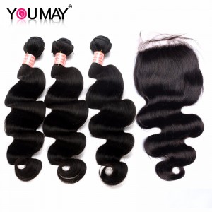 You May Body Wave 3 Bundles With 4*4 Lace Closure Human Hair Extensions With Black Hair Color