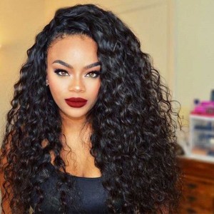 Color #1 Jet Black Water Wave Indian Remy Human Hair Full Lace Wigs