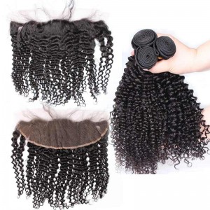 3Pcs Hair Bundles With Lace Frontal Closure Malaysian Virgin Hair Kinky Curly Natural Color