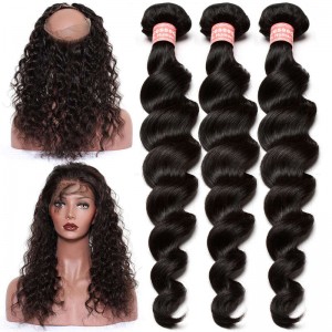 You May 360 Lace Frontal Closure With 3 Bundles Loose Wave Brazilian Virgin Hair 360 Lace Band with Cap