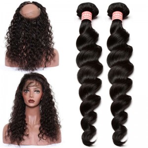 You May 360 Lace Frontal Band Loose Wave Brazilian Virgin Hair Lace Frontals Natural Hairline with Two Bundles