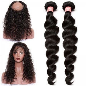 You May 360 Lace Frontal Band with Cap Loose Wave Brazilian Virgin Hair Lace Frontals with Two Bundles
