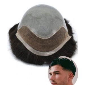 YOU MAYToupeec French Lace Front PU Injected #1B Toupee 0.08mm Bio Poly Skin Hair System For Men Bleached Knots Human Hair Wigs