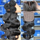 You May Brazilian Virgin Hair Body Wave 4X4inches Middle Part Silk Base Closure with 3pcs Weaves