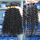 You May Peruvian Virgin Hair Kinky Curly Free Part Lace Closure with 3pcs Weaves