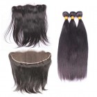 You May Natural Color Silky Straight Malaysian Virgin Hair Lace Frontal Closure With 3Pcs Hair Bundles