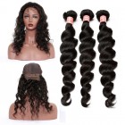 You May 360 Frontal Closure With 3 Bundles Loose Wave Brazilian Virgin Hair 360 Lace Band Frontal with Cap