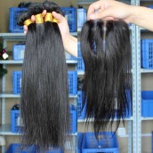 You May Brazilian Virgin Hair Silk Straight Middle Part Lace Closure with 3pcs Weaves