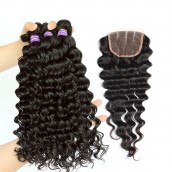 You May Deep Wave Brazilian Virgin Hair Free Part Lace Closure with 3pcs Weave Bundles