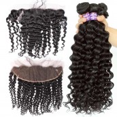 You May Natural Color Deep Wave Brazilian Virgin Hair Lace Frontal Closure Free Part With 3pcs Weaves