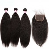 You May Brazilian Virgin Hair Kinky Straight Free Part Lace Closure with 3pcs Weaves