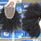You May Mongolian Virgin Hair Afro Kinky Curly Free Part Lace Closure with 3pcs Weaves