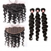 You May Natural Color Loose Wave Brazilian Virgin Hair Lace Frontal Free Part With 3pcs Weaves